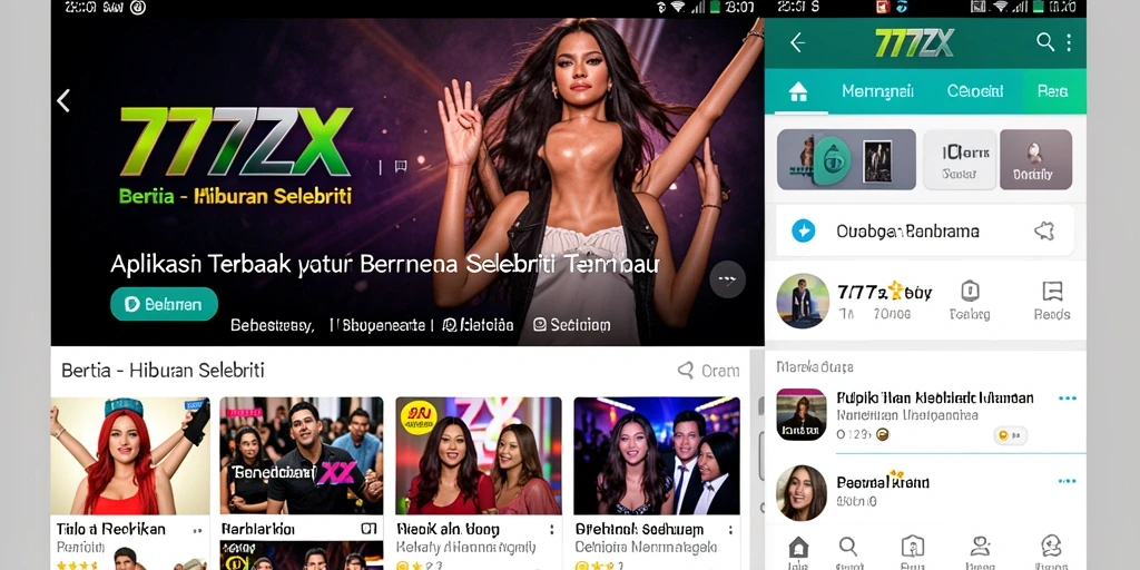 Tampilan antarmuka utama aplikasi 777ZX dengan berita selebriti terkini.