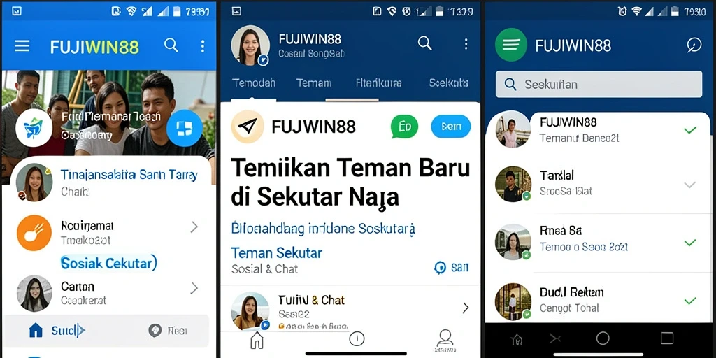 Antarmuka pengguna FUJIWIN88 dengan fitur Teman Sekitar.