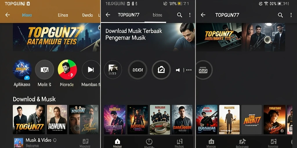 Antarmuka sederhana aplikasi TOPGUN77 untuk download musik dengan fitur menarik.